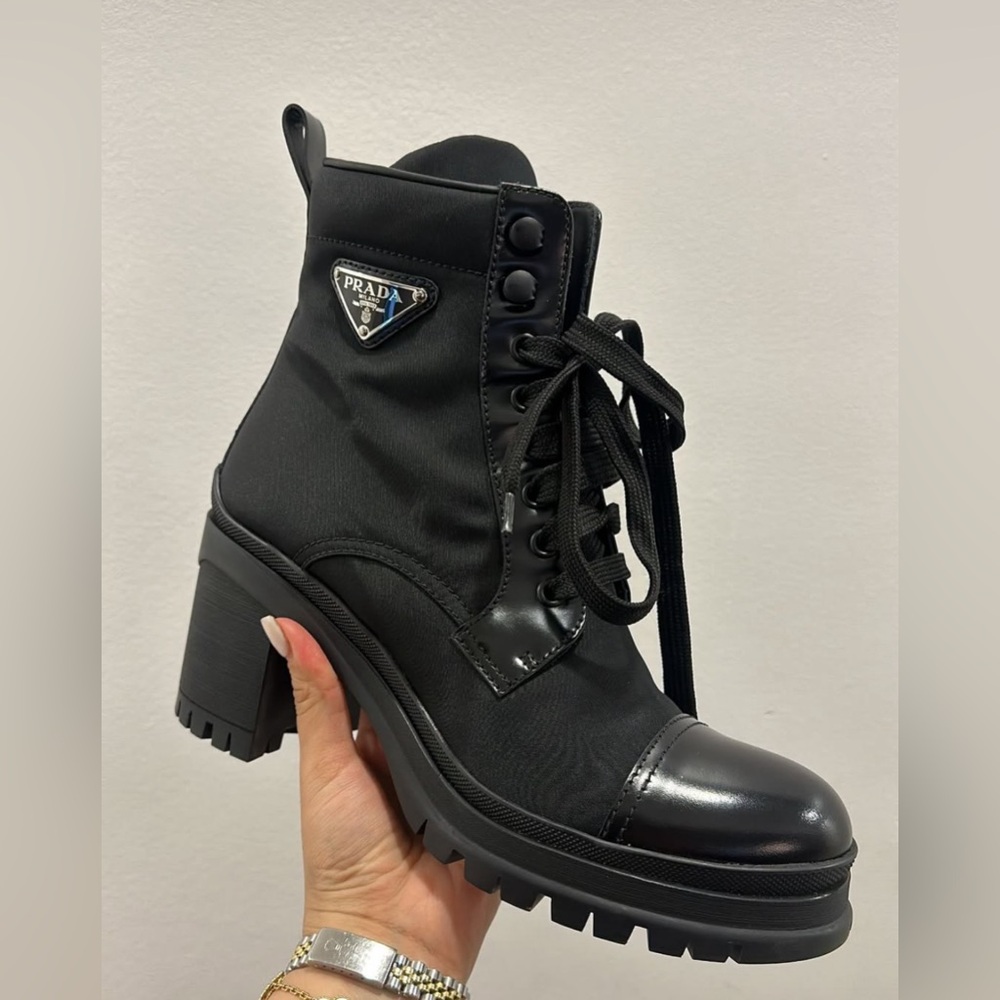 Prada Black Lace-Up Heeled Combat Boots
